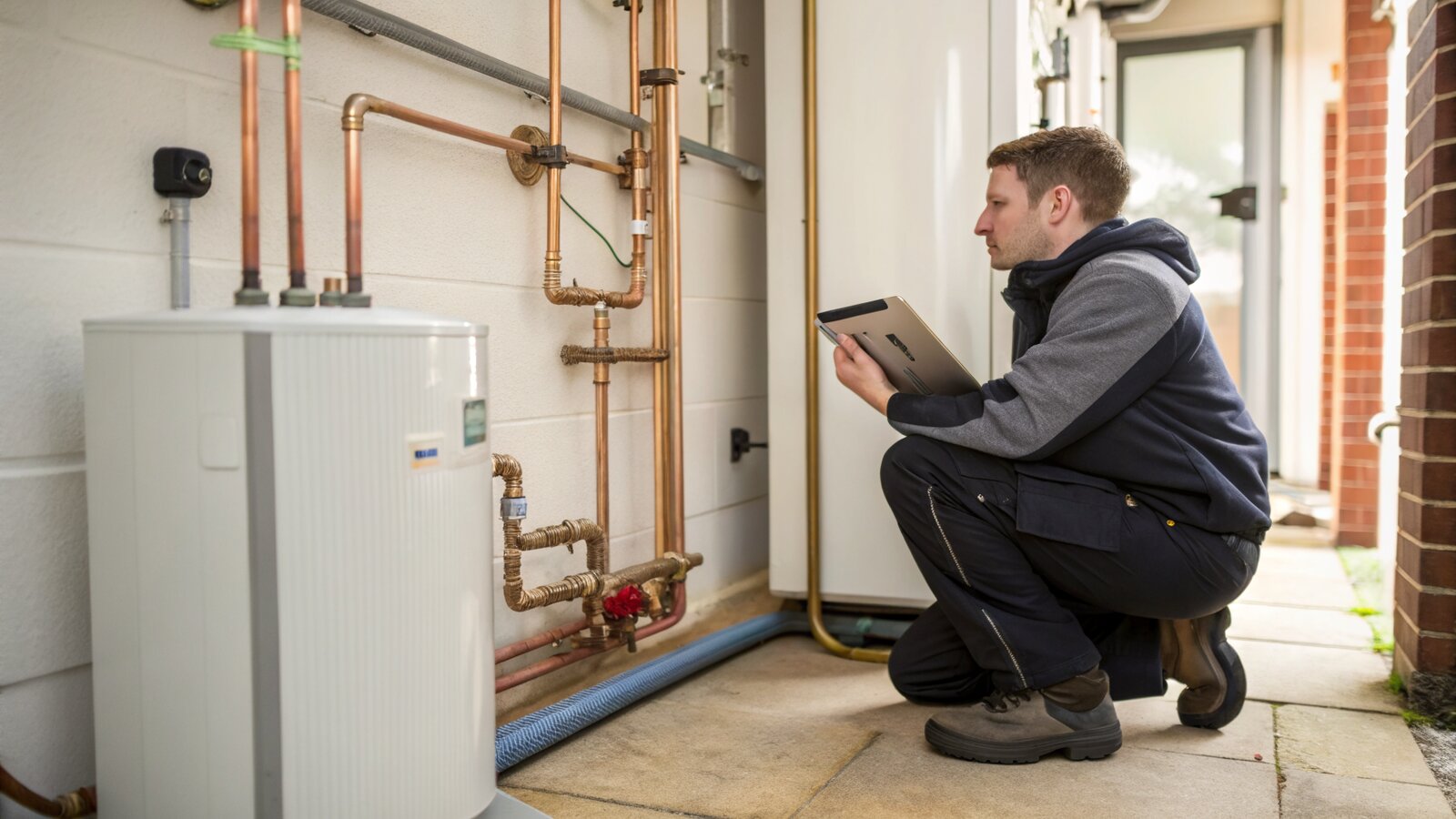 MCS installer commissioning an air source heat pump at a UK home