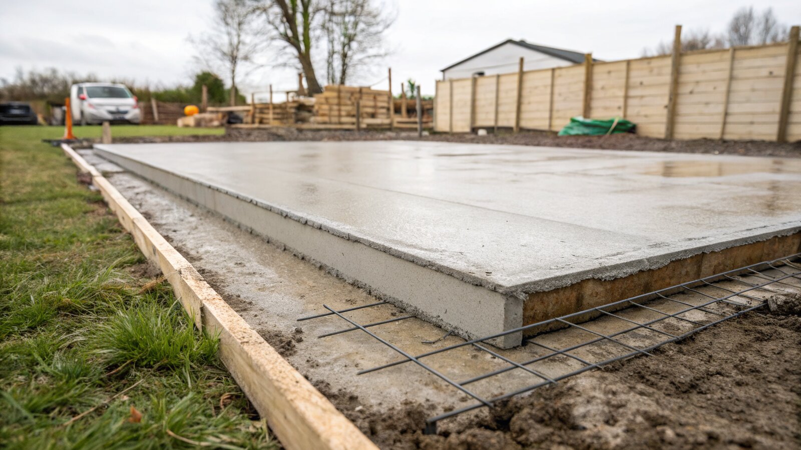 Reinforced concrete raft foundation with steel mesh poured for a conservatory base