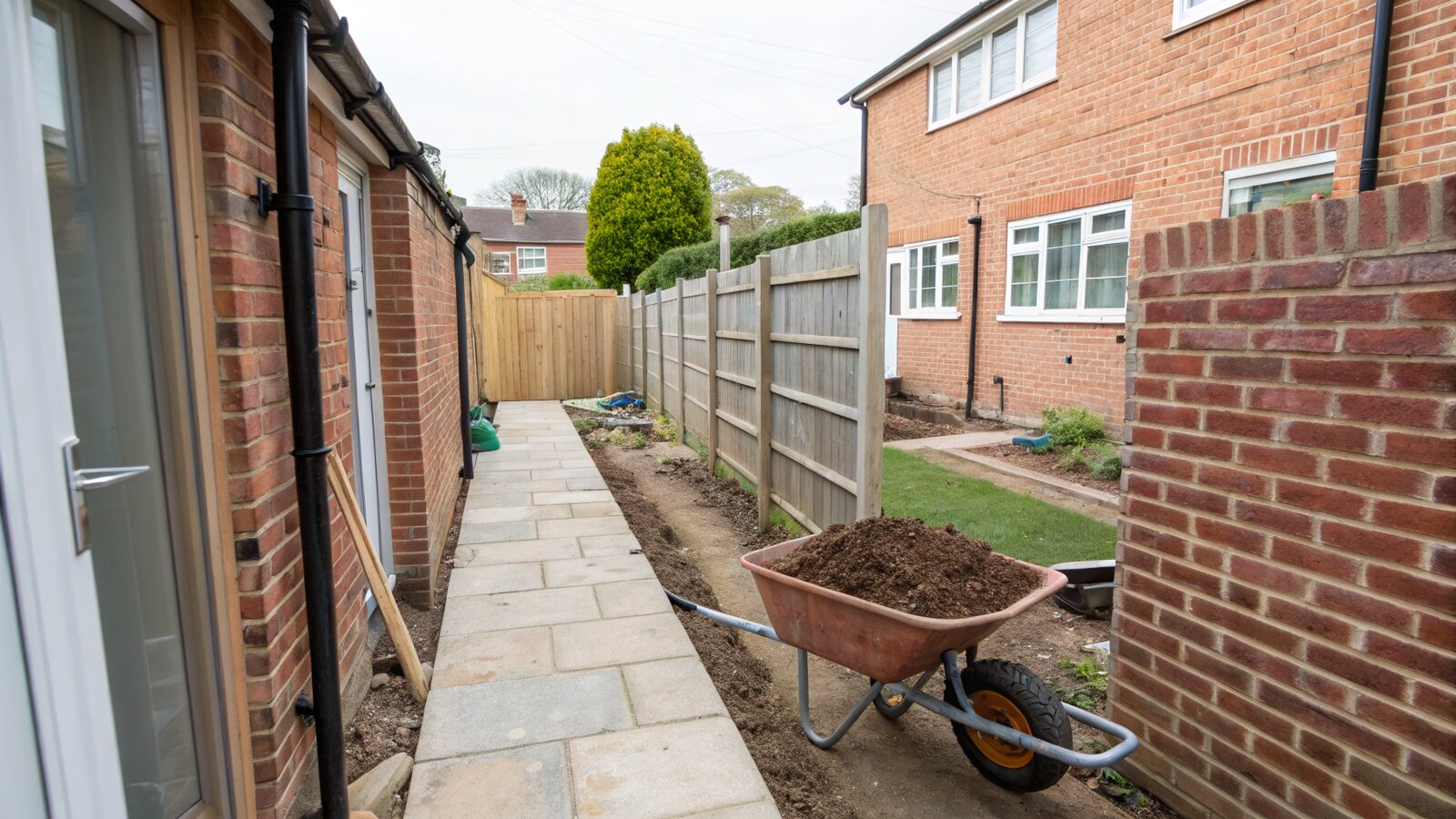 Narrow side access between two UK houses with a wheelbarrow of soil, showing restricted access for groundwork