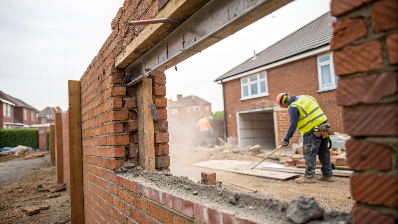 Shared party wall opened up during a UK house extension with a steel beam being fitted