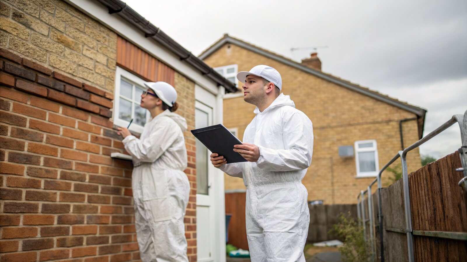 A surveyor recording the condition of a property before extension work begins in a UK garden