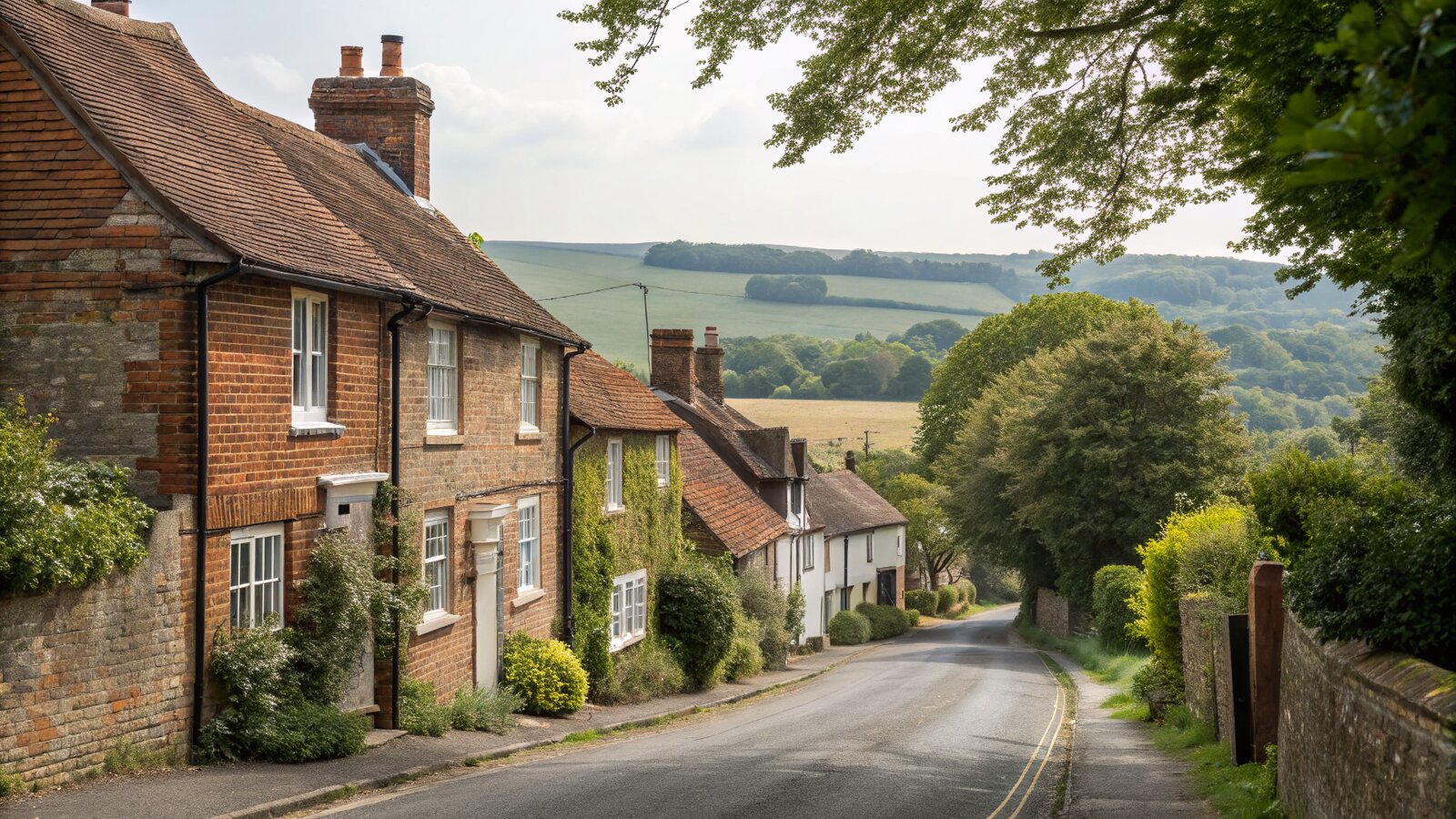 Period cottages on a Kent conservation area street with the Kent Downs behind