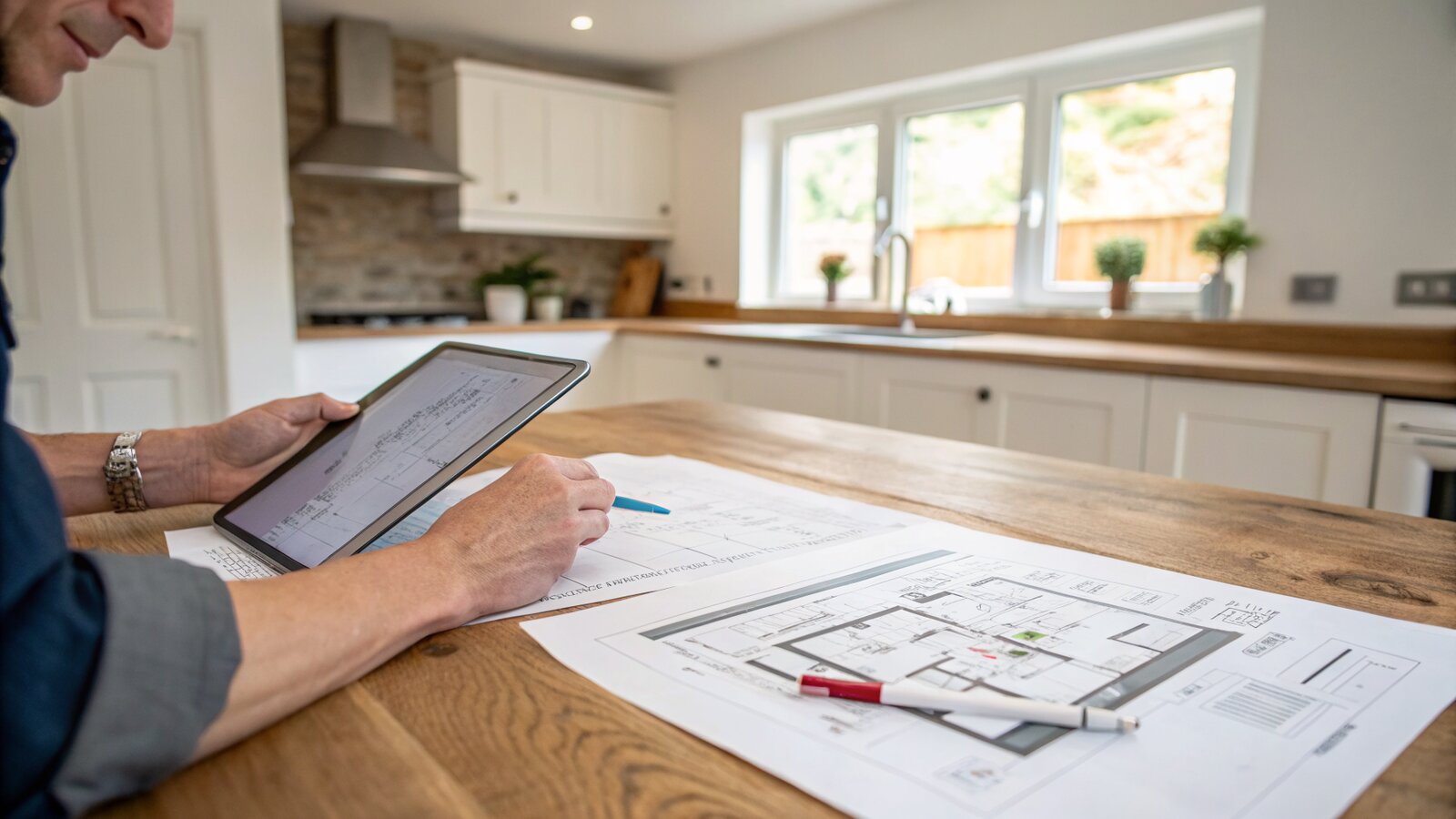 Reviewing extension plans and a planning map at a kitchen table