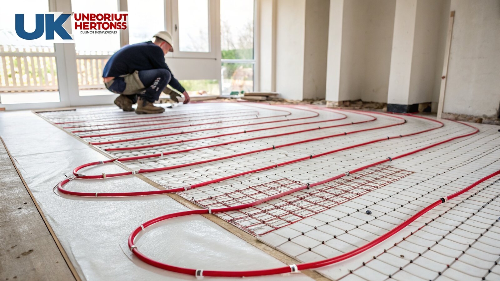Wet underfloor heating pipes clipped onto floor insulation during an extension build