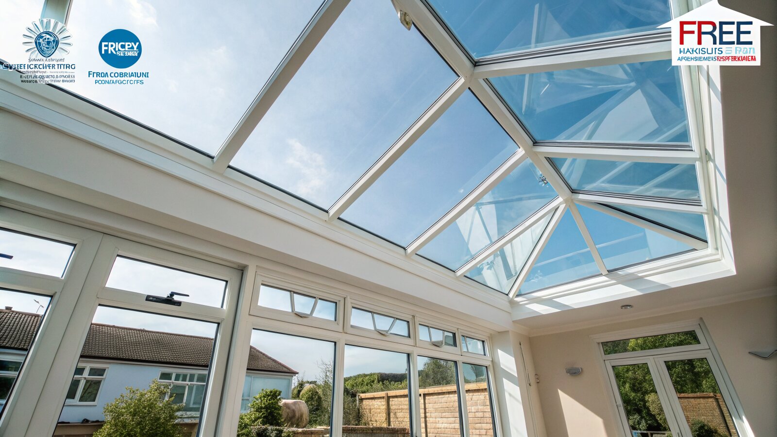 Glass conservatory roof viewed from inside a bright room