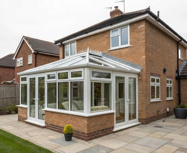A modern uPVC conservatory with a glass roof on a UK brick house