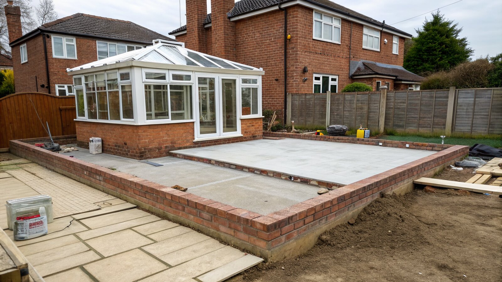Conservatory base and dwarf walls under construction