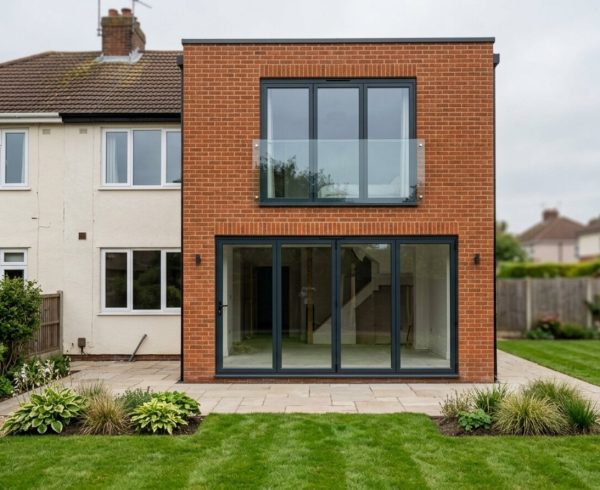 Two storey rear extension with bifold doors below and bedroom window above on a UK home