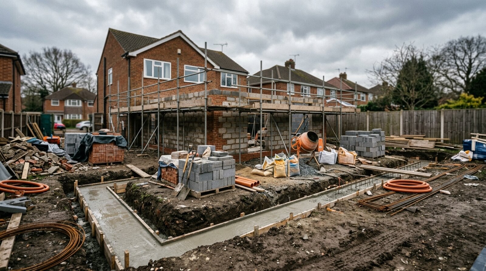 Deep concrete strip foundations and early blockwork on a UK house extension build