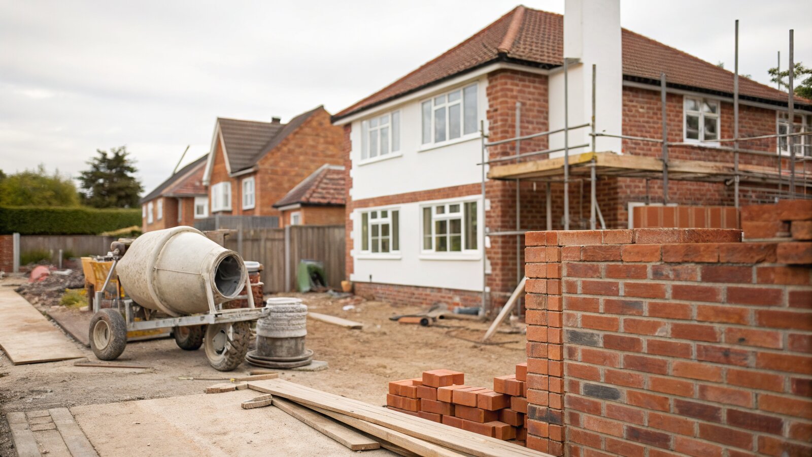 Part-built brick house extension under construction with scaffolding in a UK garden