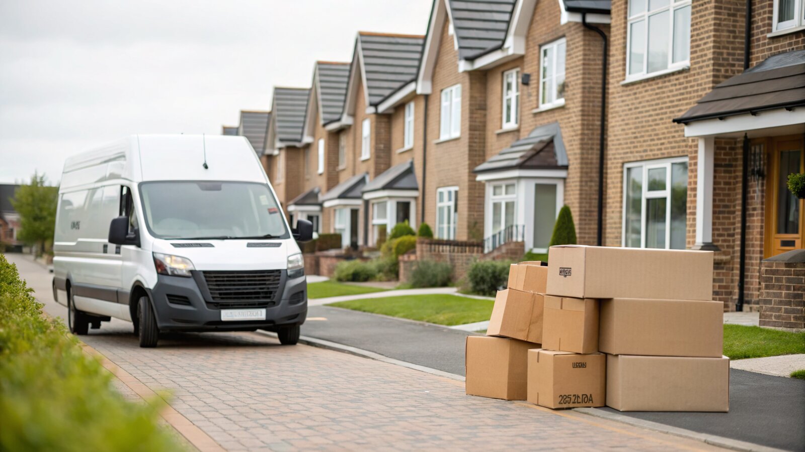 Removal van and moving boxes outside suburban houses in England