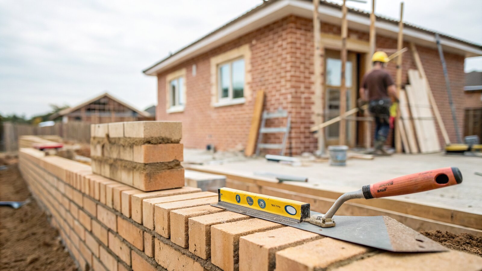 Brickwork and tools on an extension building site