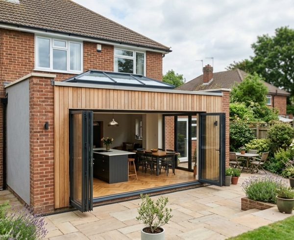 Modern single-storey rear extension with bifold doors on a UK brick house
