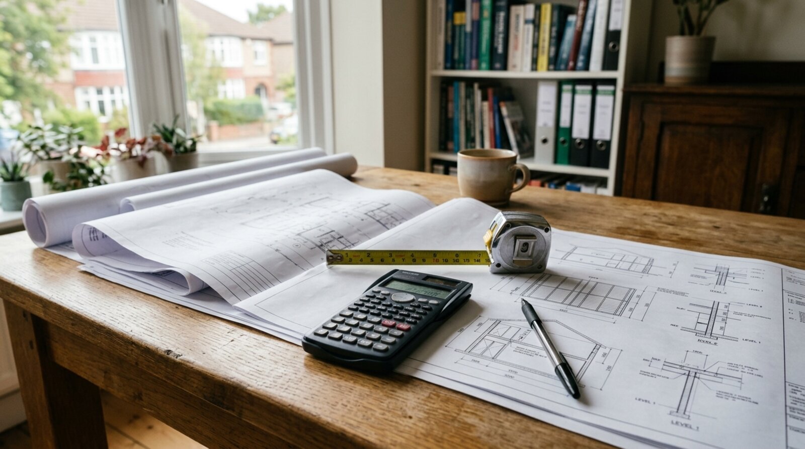 Extension plans and a calculator on a table representing professional fees and budgeting