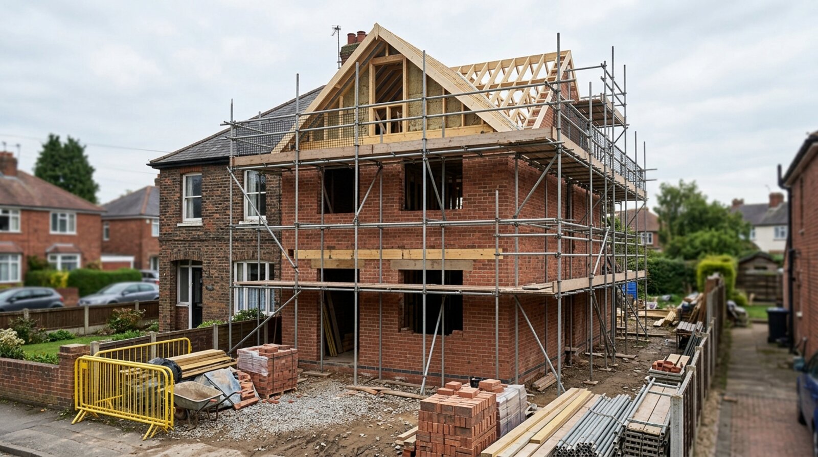 Two-storey house extension under construction with scaffolding on a UK home