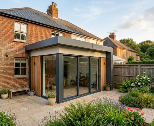 Modern single storey rear extension with large glazed sliding doors on a brick semi-detached house in Kent
