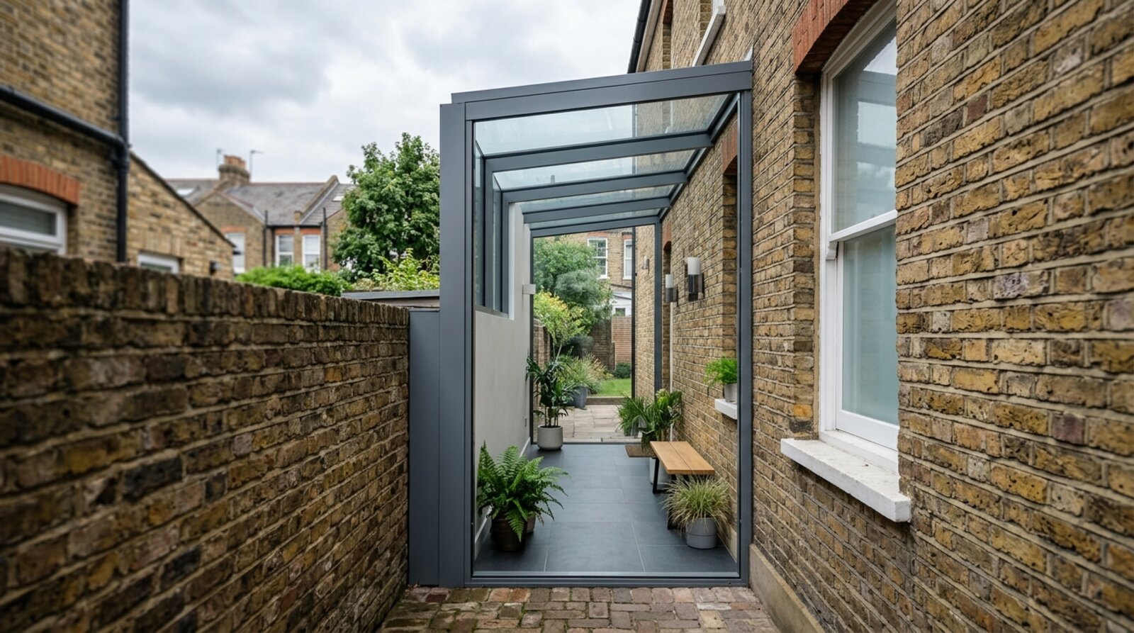 Glass-roofed side return extension filling the narrow alley beside a Victorian terraced house