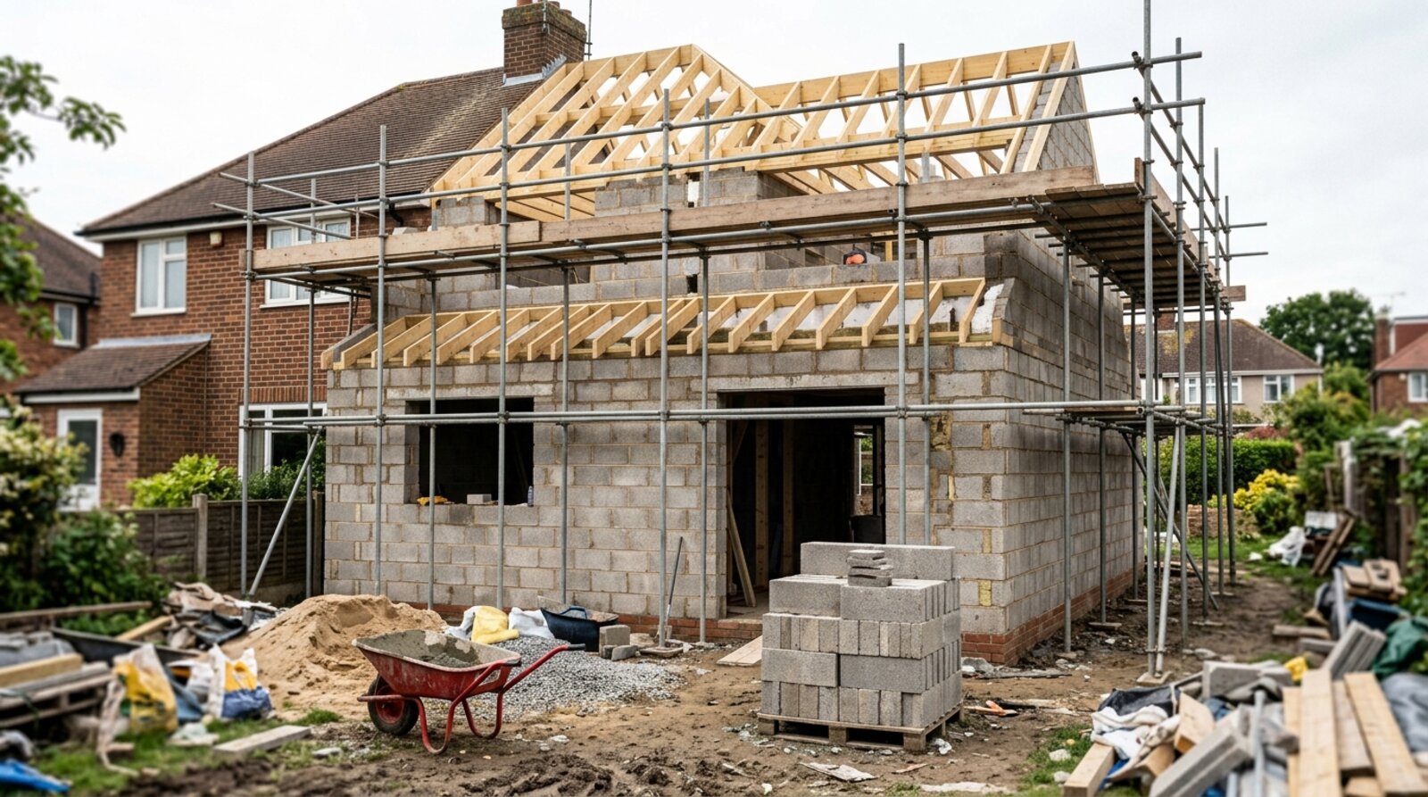 House extension under construction at shell stage with blockwork walls, roof joists and scaffolding