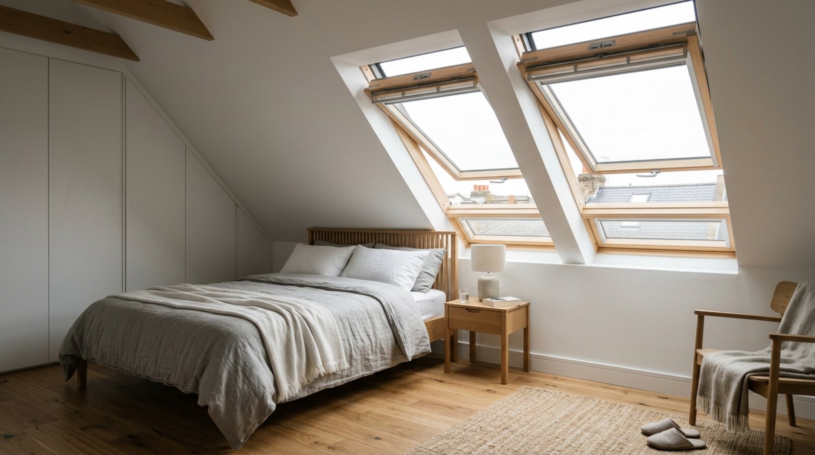 Interior of a finished loft conversion with roof windows and sloped ceiling