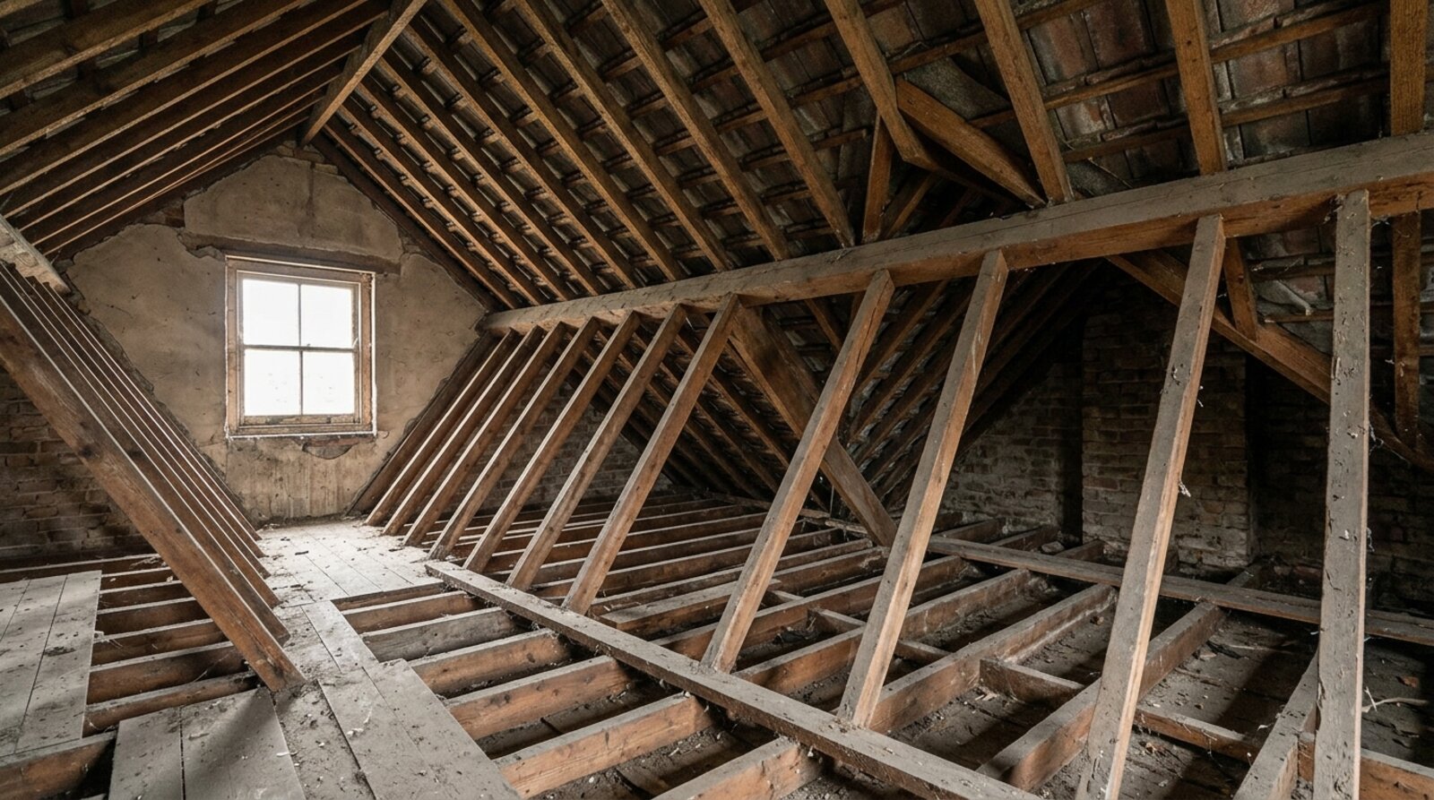 An unconverted loft showing bare rafters and the ridge, used to assess head height