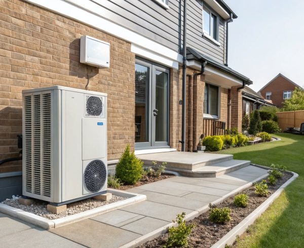 Air source heat pump beside a modern Kent home