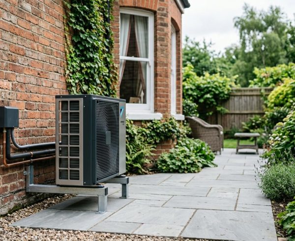 Air source heat pump unit beside a UK house