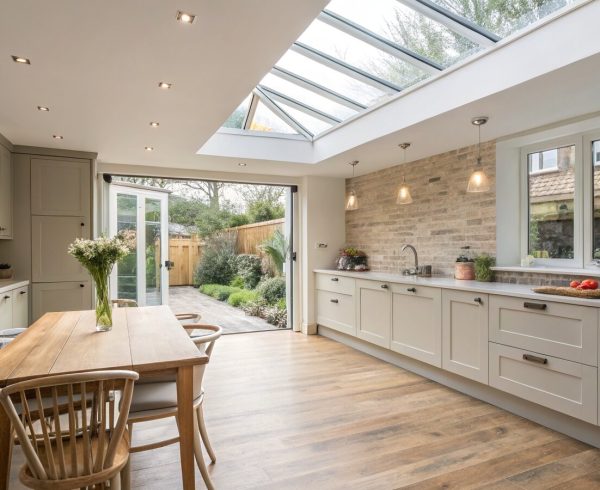 Bright open-plan kitchen-diner in a side return extension lit by overhead rooflights