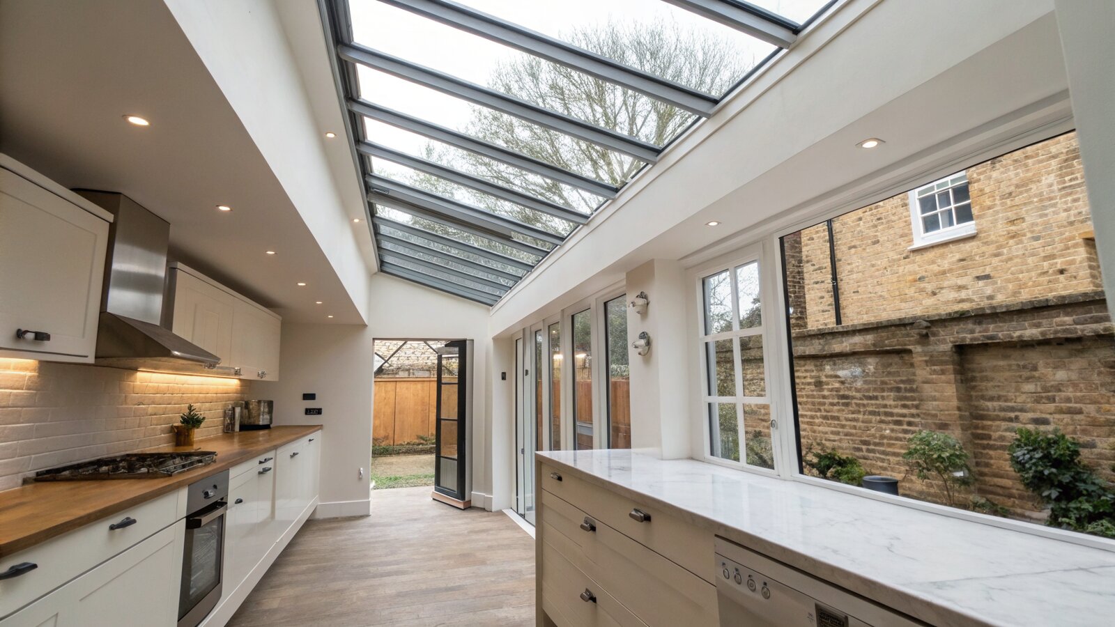 Rooflights running along the old side wall bringing daylight into a kitchen extension