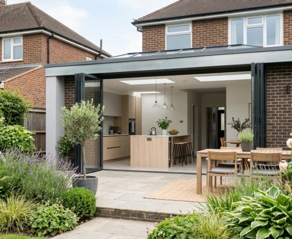 Modern single storey rear kitchen extension with open bifold doors onto a garden