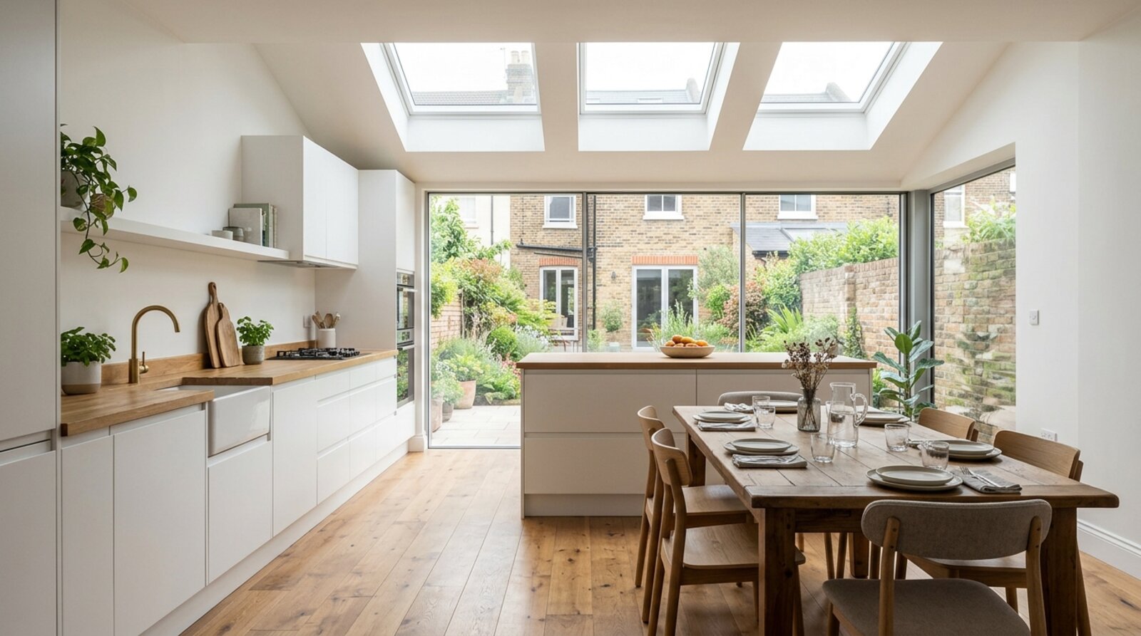 Bright open-plan kitchen-diner inside a side return extension with rooflights