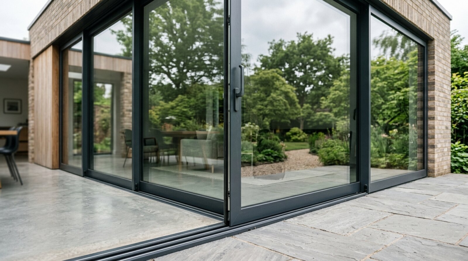 Slim-framed aluminium sliding doors on a contemporary single storey extension