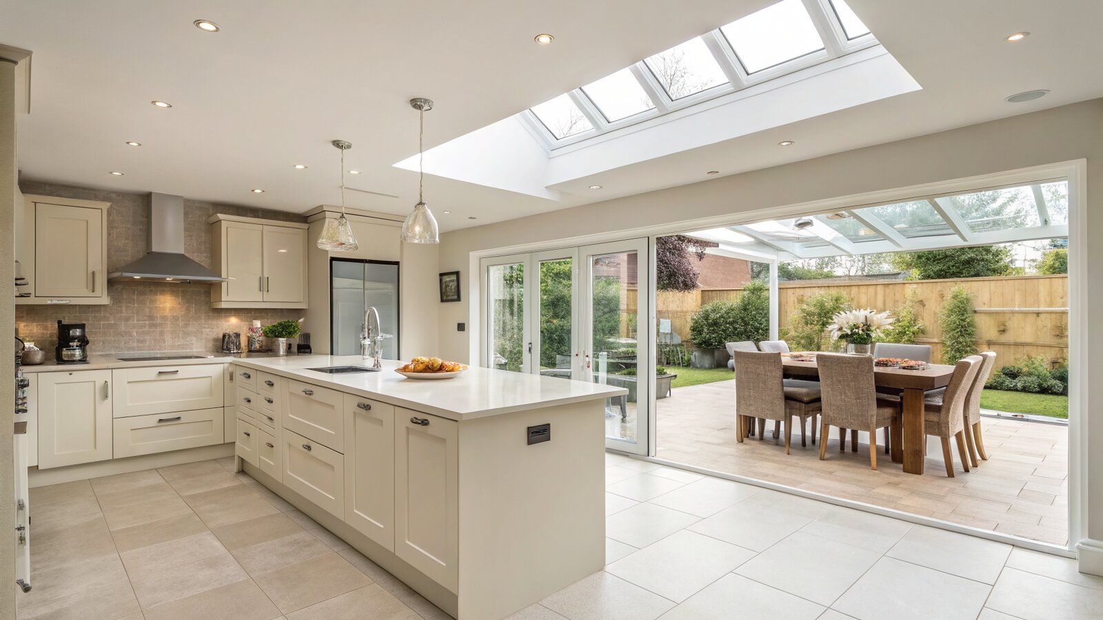 Bright open-plan kitchen-diner inside a single-storey rear extension lit by rooflights