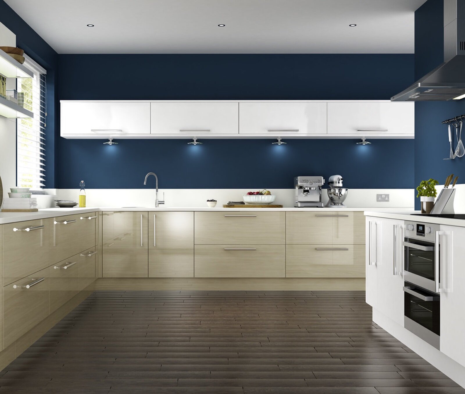 Kitchen with deep blue painted walls above cream gloss units and white wall cabinets